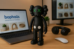 Black KAWS-Inspired Art Toy – Standing Designer Figurine with Green Eyes