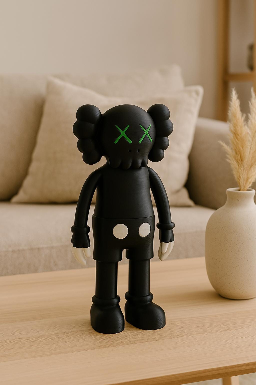 Black KAWS-Inspired Art Toy – Standing Designer Figurine with Green Eyes